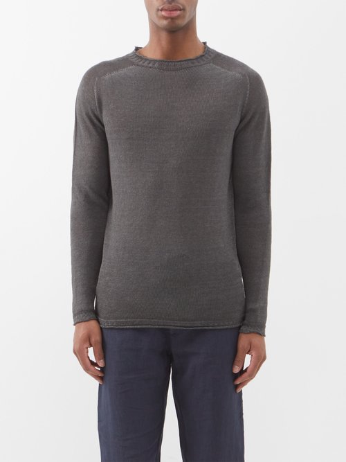 120% Lino - Crew-neck Linen Sweater - Mens - Grey