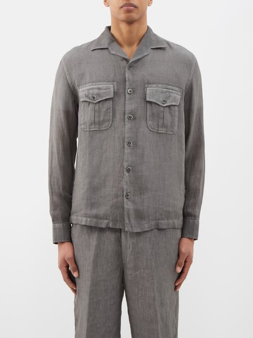 120 lino 120% - flap-pocket linen shirt mens grey