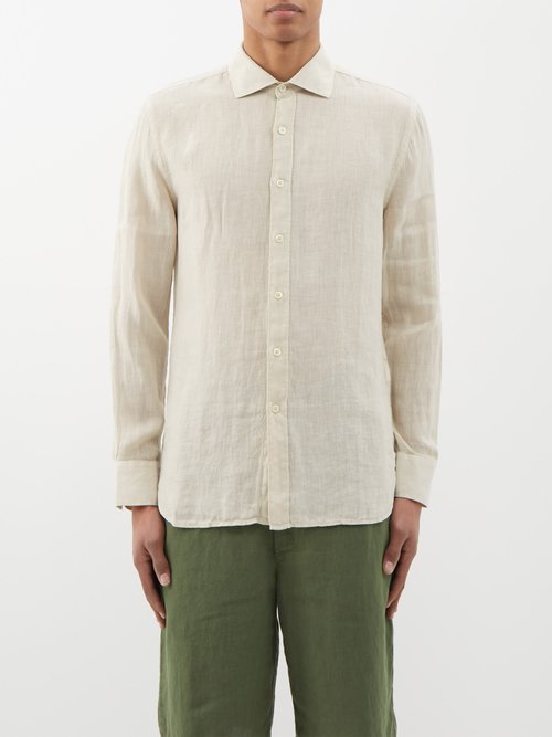 120 lino 120% - long-sleeved linen shirt mens beige