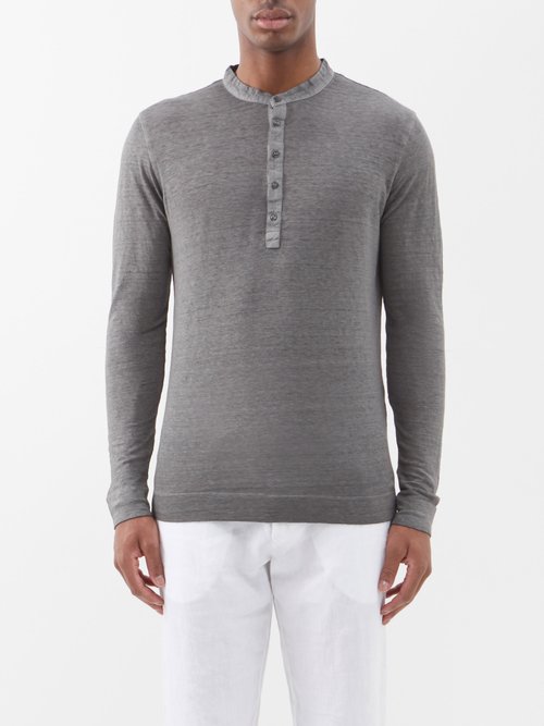 120 lino 120% - linen long-sleeved henley shirt mens grey
