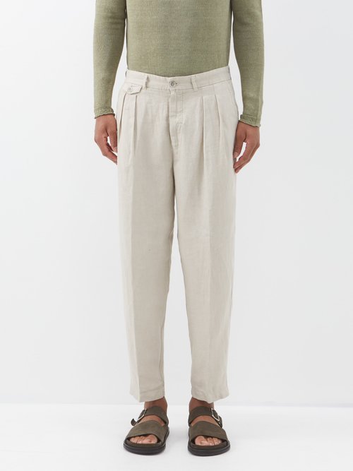 120% Lino - Pleated Linen Trousers - Mens - Beige