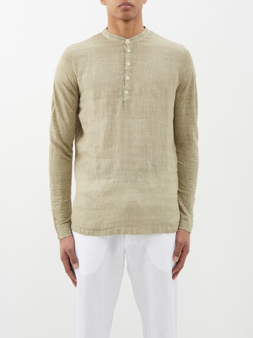 120 lino 120% - collarless linen-voile half-button shirt mens khaki