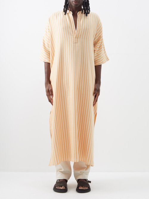 Marrakshi Life Stand-collar Striped Cotton Long Kaftan In Orange Multi