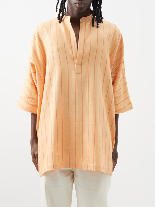 Marrakshi Life Stand-collar Striped Cotton Kaftan Shirt In Orange Stripe