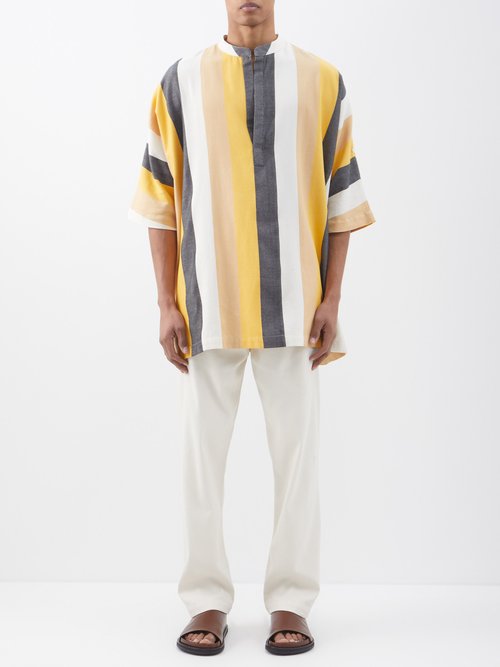 Marrakshi Life Striped Stand-collar Cotton Kaftan Shirt In Black Yellow
