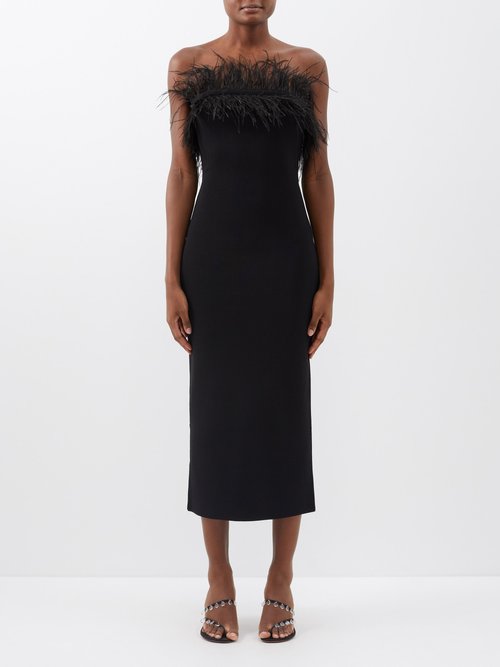 Staud Nellie Feather-trim Off-the-shoulder Knit Dress In Black