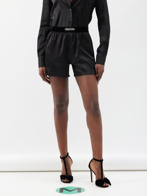 Shop Tom Ford Logo-patch Silk-blend Satin Shorts In Black