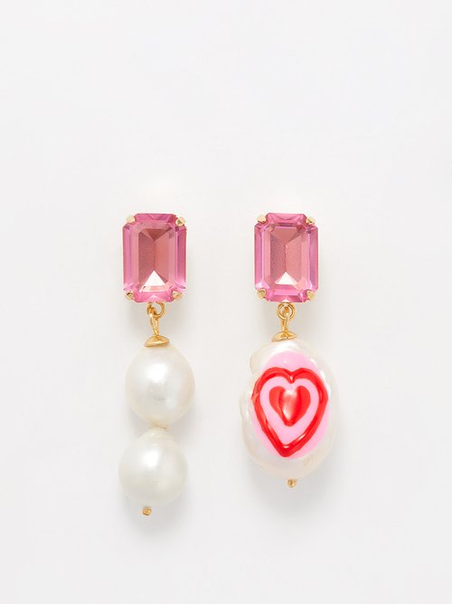 Joolz by Martha Calvo Heart Pearl Mismatched 14kt Gold-plated Earrings
