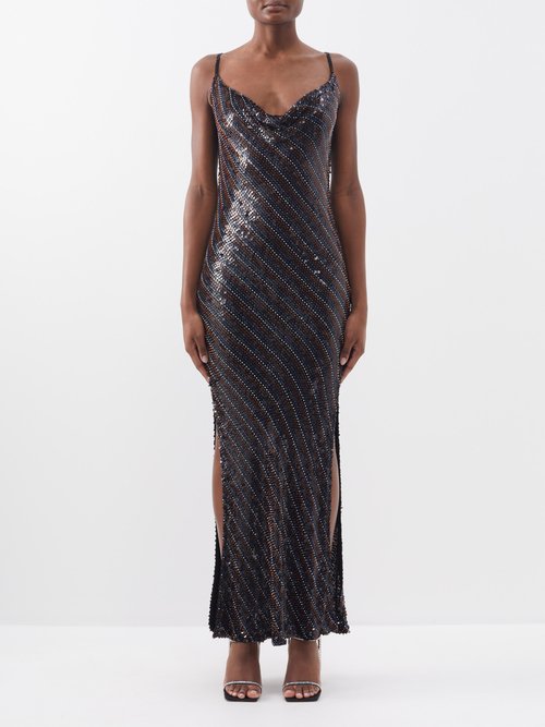 Ashish - Side-slit Sequinned And Beaded Gown - Womens - Black