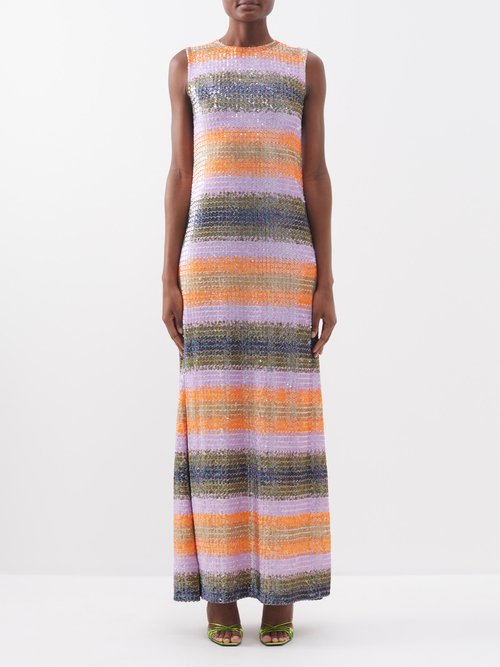 Ashish Striped Sequinned-cotton Sleeveless Gown In Orange Multi