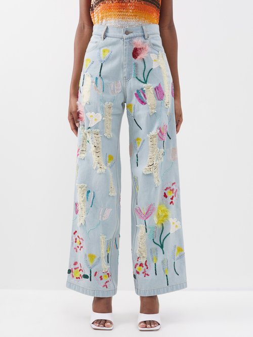 Ashish Distressed Floral-embroidered Wide-leg Jeans