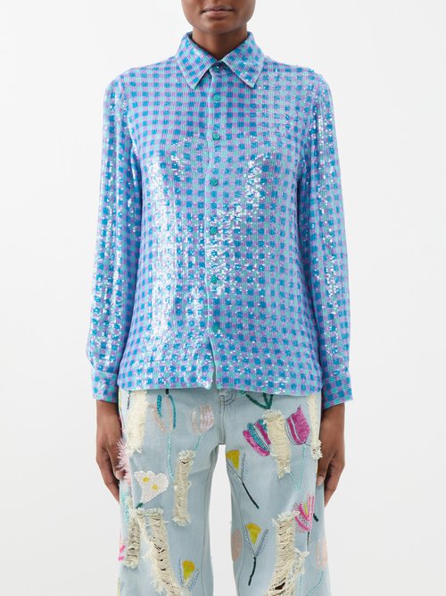 Ashish Checked Sequined Tulle Shirt In Blue Multi