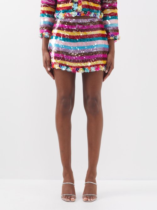 Ashish Embellished Striped Sequined Georgette Mini Skirt In Multi