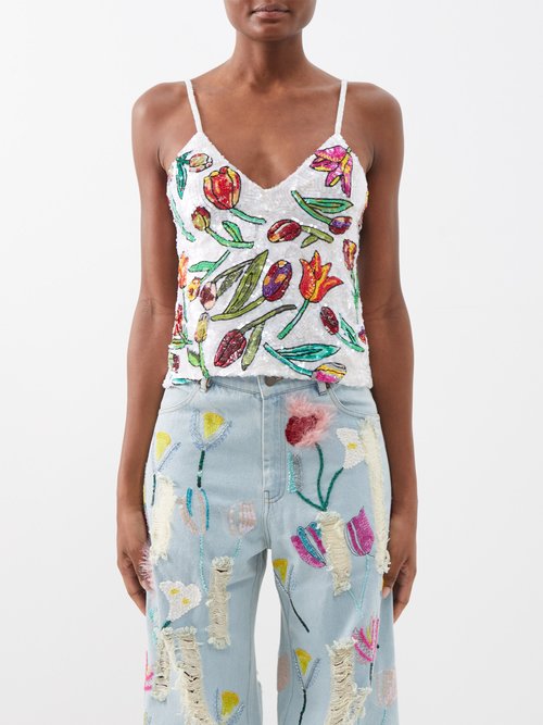 Ashish - Tulip-embroidered Sequinned Cami Top - Womens - Multi