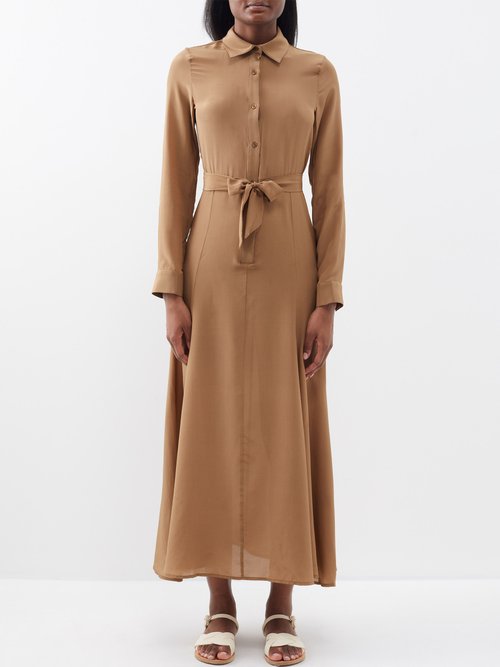 Albus Lumen Silk Midi Shirt Dress In Brown
