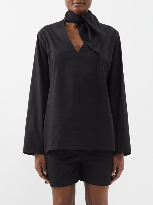 Albus Lumen - Scarf-neck Cotton Shirt - Womens - Black