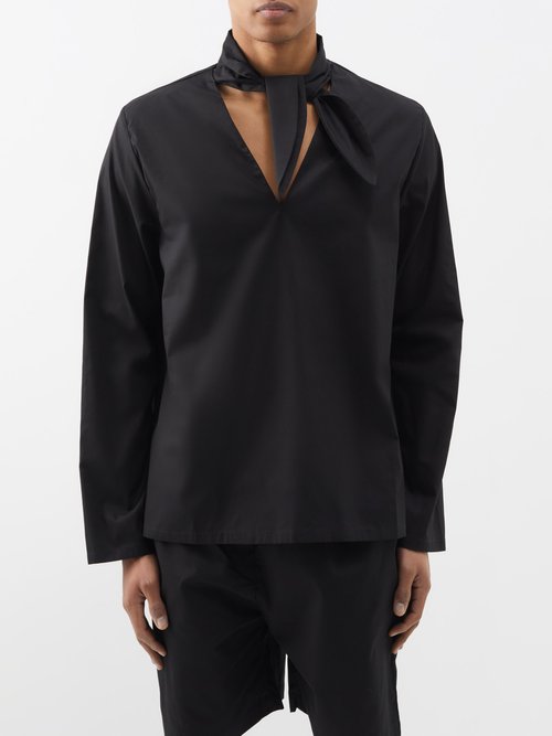 Albus Lumen - Scarf-neck Cotton Shirt - Mens - Black