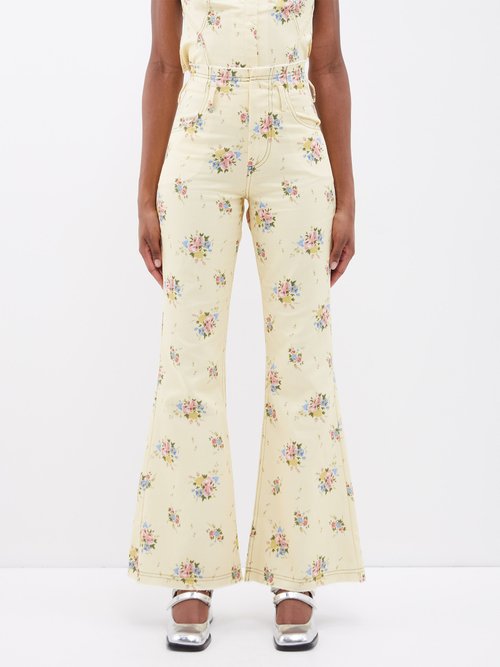 yuhan wang - floral-print topstitched denim trousers womens yellow multi