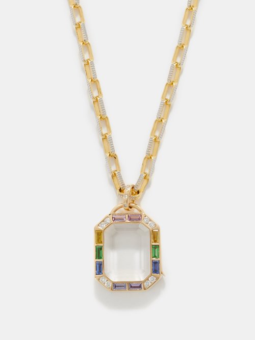 Loquet Baguette Rainbow Sapphire & Gold Locket Necklace