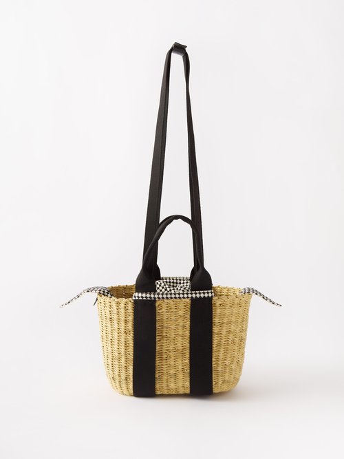 Muun Caba Mini Canvas-trim Woven Basket Bag In Beige Black