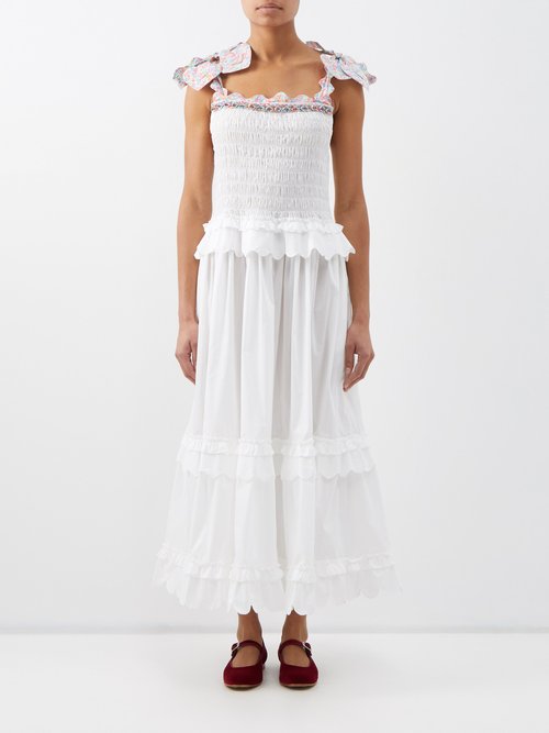 Horror Vacui Katie Shoulder-tie Shirred Cotton Midi Dress In White Multi