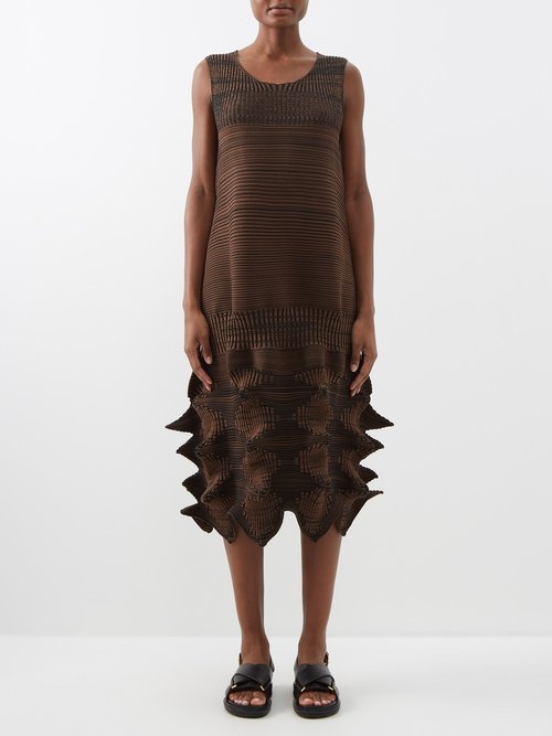 Issey Miyake - Asymmetric Spiked Jersey Midi Dress - Womens - Dark Brown