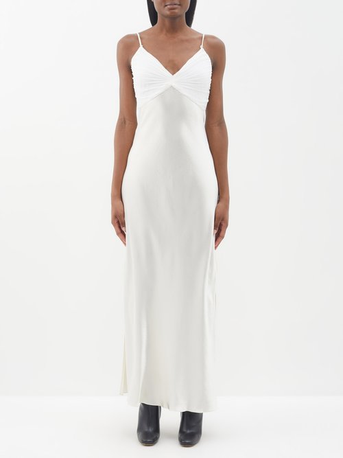 Frame Pleated Side-slit Satin Dress In Off White