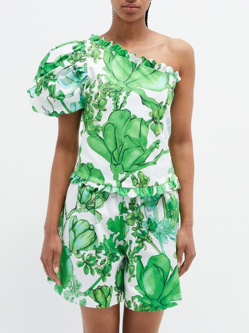kika vargas - sophia one-shoulder azalea-print cotton-blend top womens white green