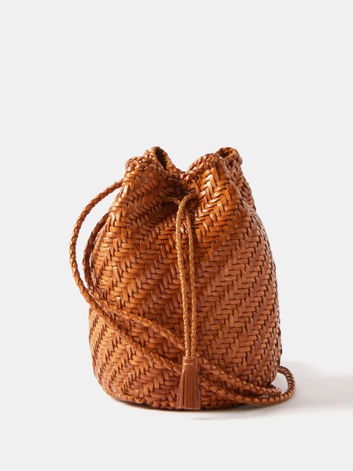 Dragon Diffusion Double Jump Woven-leather Bucket Bag In Tan