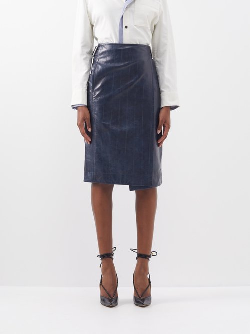 Bottega Veneta - Belted Crinkled-leather Pencil Skirt - Womens - Navy