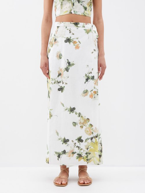 Erdem Hermia Floral-print Linen Midi Wrap Skirt In White