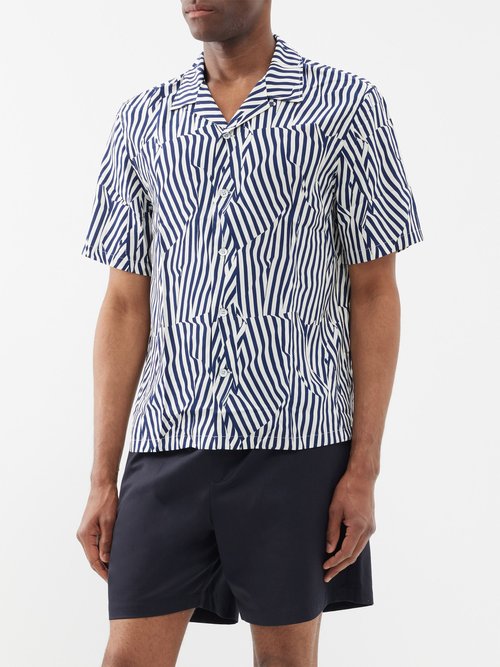 Rag & Bone Avery Cuban-collar Striped Twill Shirt In Blue White | ModeSens