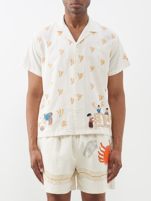harago - farm-embroidered cotton short-sleeved shirt mens beige multi