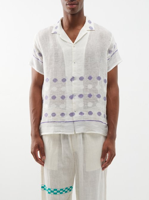 harago - circle-woven linen shirt mens white blue