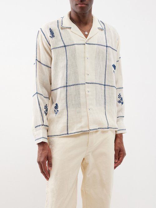 harago - floral-embroidered cotton-blend shirt mens off white