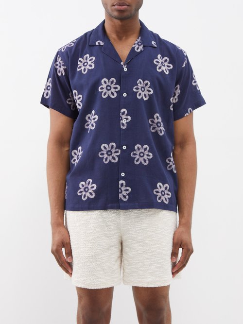 harago - floral cotton-batik shirt mens navy white
