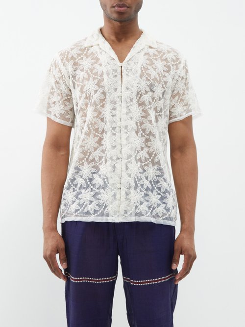 harago - floral-embroidered mesh shirt mens white