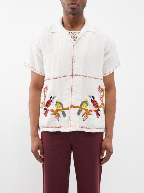 harago - bird-embroidered linen shirt mens white multi