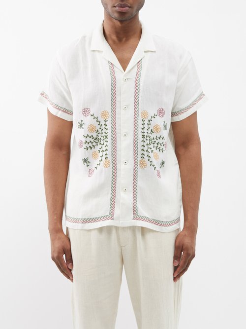 harago - floral-embroidered linen short-sleeved shirt mens off white