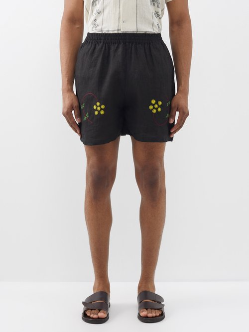 harago - floral-embroidered linen shorts mens black