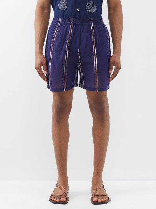 harago - kantha-embroidered striped cotton shorts mens blue