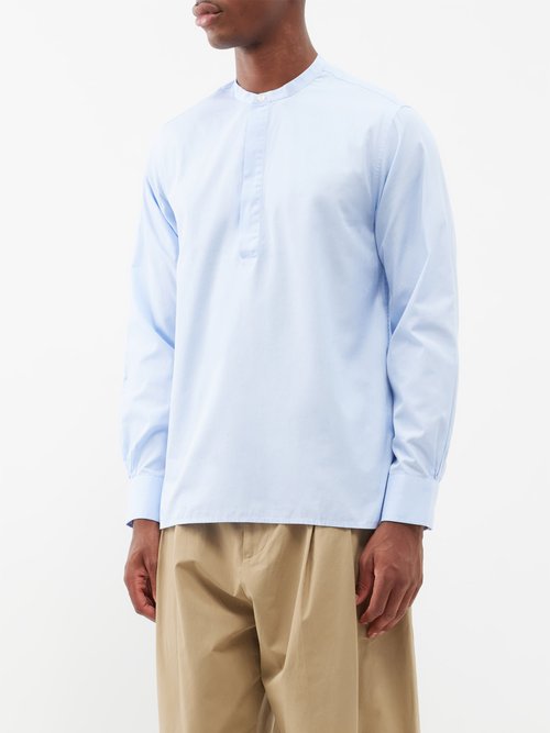 officine générale - alister half-button cotton collarless shirt mens blue