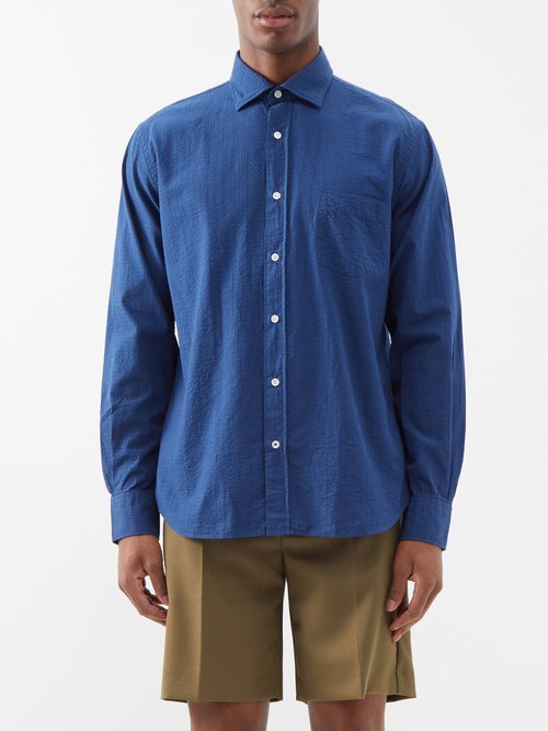 hartford - paul cotton-seersucker shirt mens navy stripe