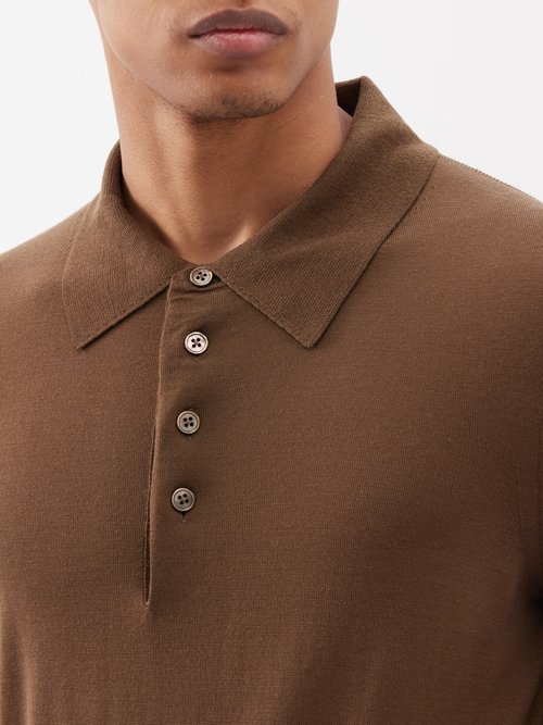 Tom Ford Micro-texture Long-sleeve Silk-merino Wool Polo Shirt, Brown/black, ModeSens