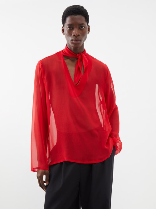 Albus Lumen Scarf-tie Sheer Silk Shirt In Red