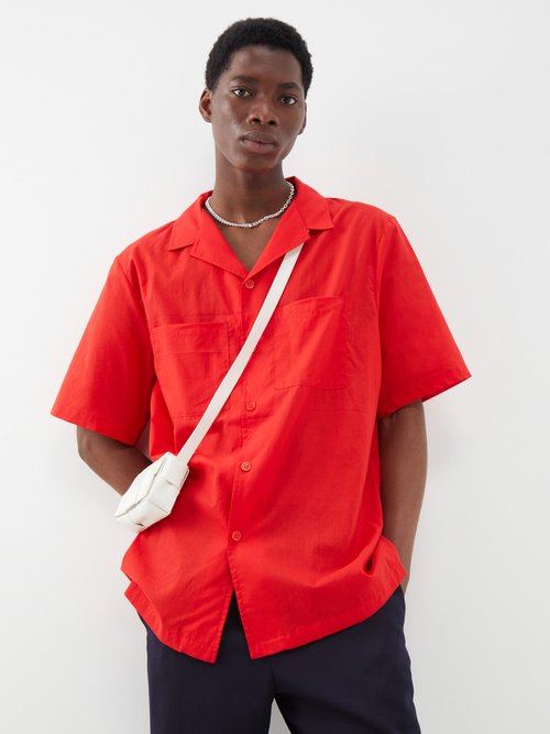 Albus Lumen Cuban-collar Cotton Short-sleeved Shirt In Red