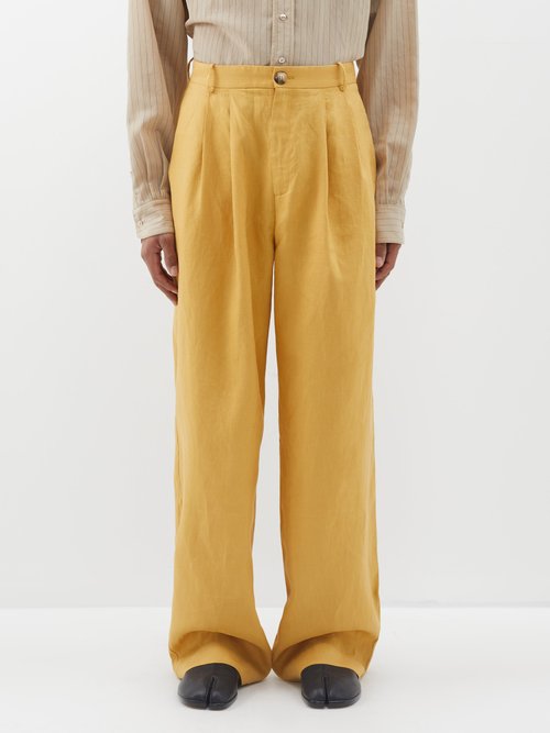 Albus Lumen Pleated Linen Wide-leg Trousers In Yellow