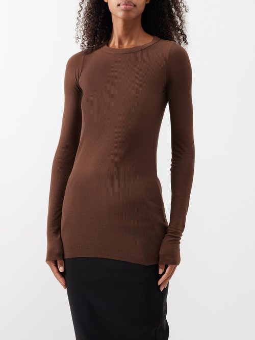Ribbed-knit Long-sleeved T-shirt In Brown