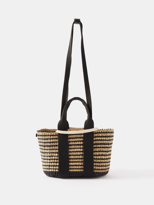 Muun Cuiir Straw Woven Basket Bag In Black Multi