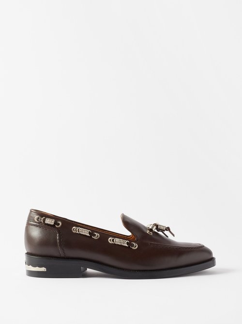 Metal-bead Leather Loafers In Dark Brown